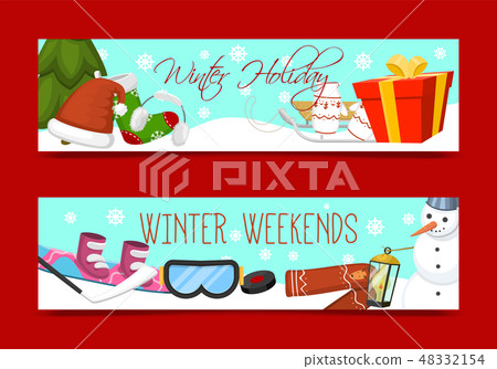 Winter holidays and weekends set of banners vector illustration. Nature landscape with Christmas Winter holidays and weekends set of banners vector illustration. Nature landscape with Christmas 48332154