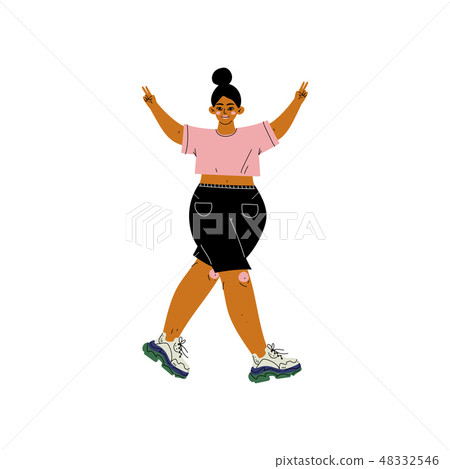 Beautiful Plus Size Woman in Casual Clothes, African American Female Character Loving Her Body, Self Beautiful Plus Size Woman in Casual Clothes, African American Female Character Loving Her Body, Self 48332546