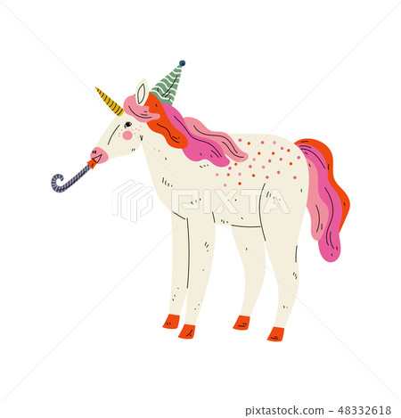 Lovely Unicorn Wearing Party Hat with Whistle Blower, Cute Animal Character for Happy Birthday 48332618