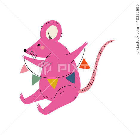 Lovely Pink Mouse Sitting with Party Flags, Cute Animal Character for Happy Birthday Design Vector 48332699