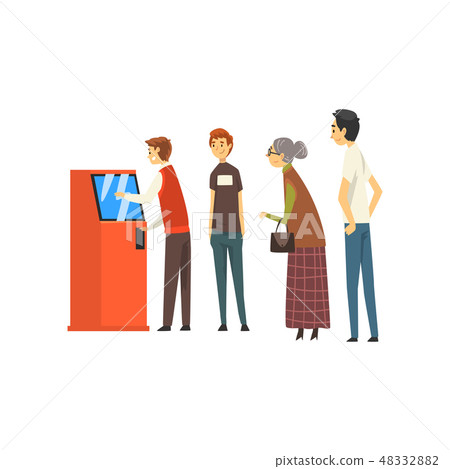 People Waiting in Line Queue to Draw Money from Automated Teller Machine, Man Getting Money Through People Waiting in Line Queue to Draw Money from Automated Teller Machine, Man Getting Money Through 48332882
