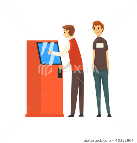 Queue at ATM, Man Getting Money Through Cash Dispenser, Banking service Vector Illustration Queue at ATM, Man Getting Money Through Cash Dispenser, Banking service Vector Illustration 48332904