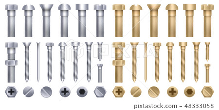 Creative vector illustration of steel brass bolts, metal screws, iron nails, rivets, washers, nuts 48333058