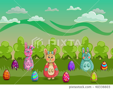 Easter Cartoon Forest With Eggs And Bunnies Stock Illustration Pixta