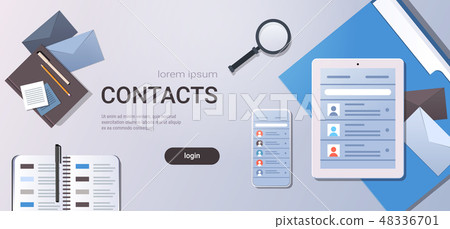 smartphone tablet screen and organizer with contact list business contacts concept top angle view 48336701