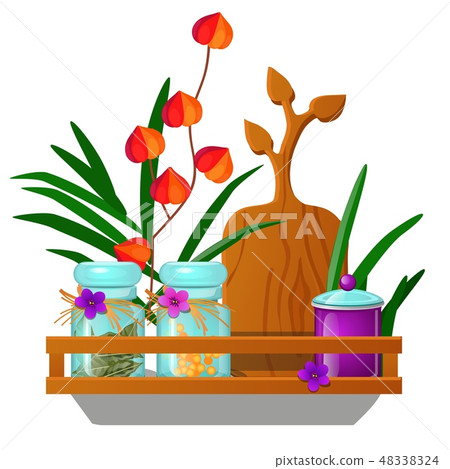 Wooden wall-mounted kitchen shelf with glass jars with spices isolated on white background. Vector 48338324