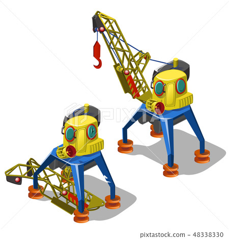 Repair and launch of broken lifting crane isolated on white background. Vector cartoon close-up Repair and launch of broken lifting crane isolated on white background. Vector cartoon close-up 48338330