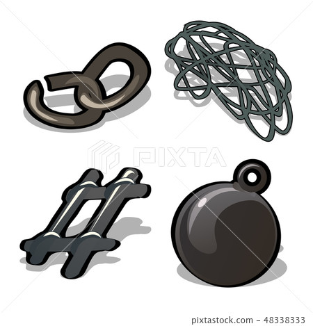 A set of metal products isolated on white background. A broken chain, steel wire, fragment of the A set of metal products isolated on white background. A broken chain, steel wire, fragment of the 48338333