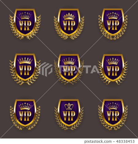 Set of gold vip monograms for graphic design on gray background. Set of gold vip monograms for graphic design on gray background. 48338453
