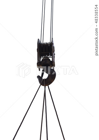 Closeup of old crane hook with wire rope isolated Closeup of old crane hook with wire rope isolated 48338554