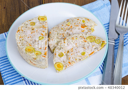 Homemade sausage chopped meat with olives. Homemade sausage chopped meat with olives. 48340012