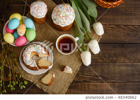 Easter cake on a brown wooden table 48340662