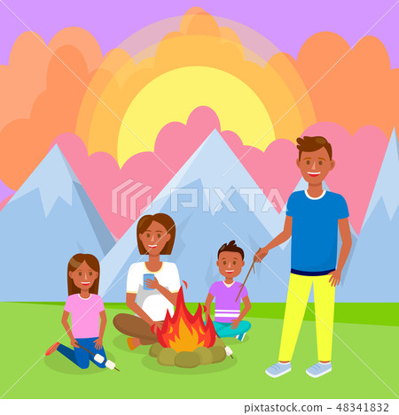 Camping with Family in Mountains Vector Drawing Camping with Family in Mountains Vector Drawing 48341832