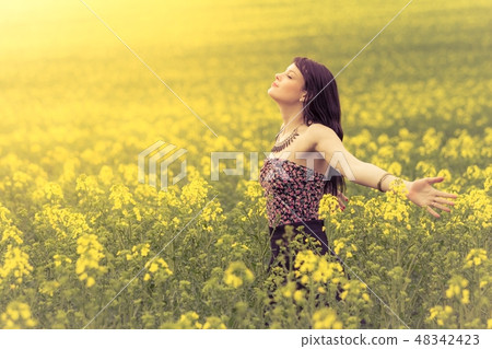 Happy woman in free summer love of youth wellbeing Happy woman in free summer love of youth wellbeing 48342423