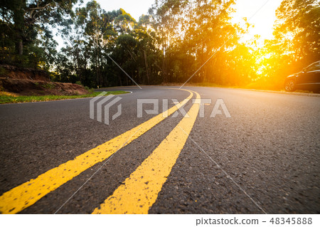 Sunny forest asphalt road curve with marking lines Sunny forest asphalt road curve with marking lines 48345888