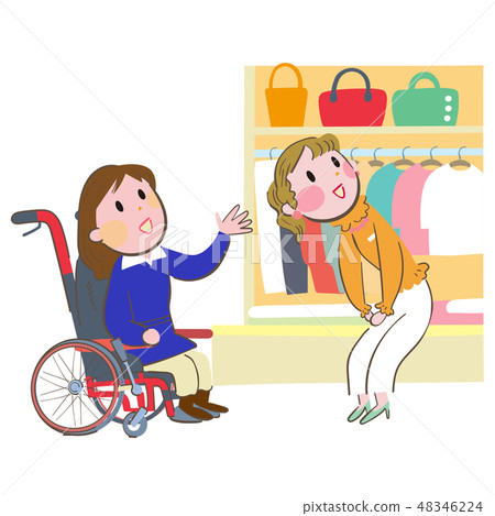 一名女職員,她對輪椅上的女人做出反應,指向高架子上的一個包 一名女職員,她對輪椅上的女人做出反應,指向高架子上的一個包 48346224