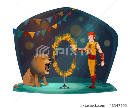 Circus trainer and linon in fire circle Circus trainer and linon in fire circle 48347593