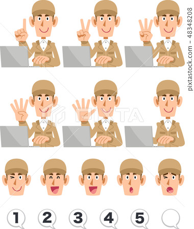 A number of men wearing a blue working clothes with a finger while operating a personal computer A number of men wearing a blue working clothes with a finger while operating a personal computer 48348208