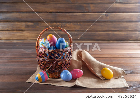 Easter background with painted eggs 48350624