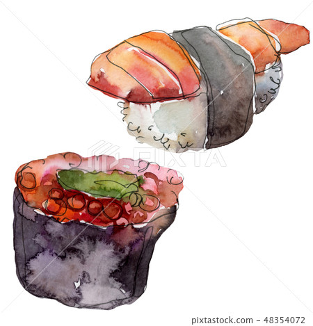Watercolor sushi set of beautiful tasty japanese food illustration. Hand drawn objects isolated on 48354072