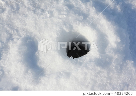 Ice fishing hole on the surface of river in winter Ice fishing hole on the surface of river in winter 48354263