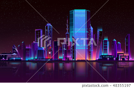 Modern city night skyline neon cartoon vector - Stock Illustration ...