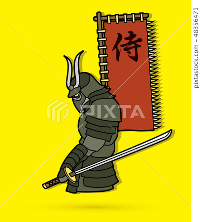 Samurai standing with sword and flag samurai   48356471