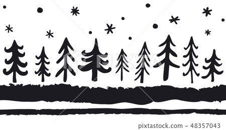 Vector hand-drawn seamless pattern with doodle pine trees. Christmas Nordic Background. Black and 48357043