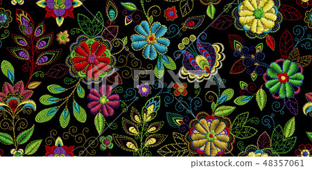 Embroidered Flowers Vector Embroidery Seamless Pattern With