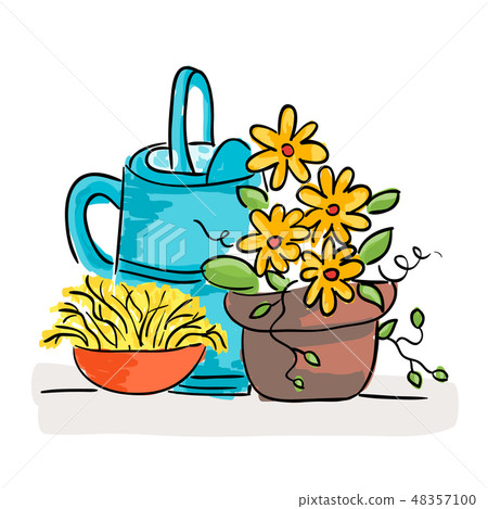 Summer still life with flowers and watering can Summer still life with flowers and watering can 48357100