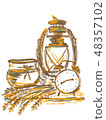 Still life with an old lamp, alarm clock and grain 48357102