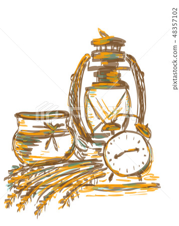 Still life with an old lamp, alarm clock and grain 48357102