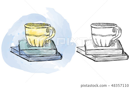 Watercolor cup on books drawing Watercolor cup on books drawing 48357110