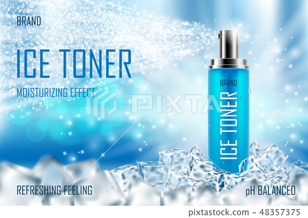 Cooling Ice toner with ice cubes. Realistic cool refreshing spray bottle packaging ad for poster Cooling Ice toner with ice cubes. Realistic cool refreshing spray bottle packaging ad for poster 48357375