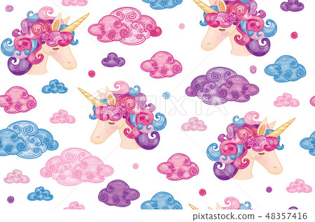 Vector cute seamless pattern,  unicorns in clouds. 48357416