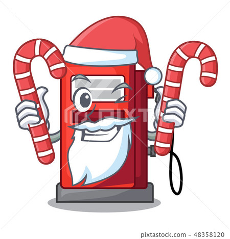 Santa with candy gosoline pump front the cartoon house Santa with candy gosoline pump front the cartoon house 48358120