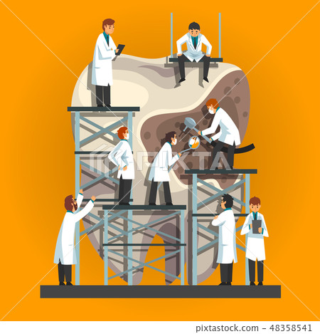 Small Male Doctors Treating and Cleaning Giant Unhealthy Tooth Plaque and Caries Hole Vector Small Male Doctors Treating and Cleaning Giant Unhealthy Tooth Plaque and Caries Hole Vector 48358541