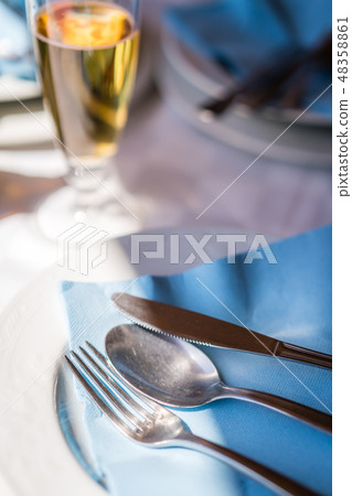Cutlery on a plate in a restaurant Cutlery on a plate in a restaurant 48358861