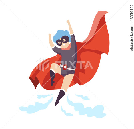 Cute Boy Wearing Superhero Costume Flying, Super Child Character in Mask and Red Cape Vector 48359102