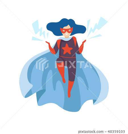 Cute Girl Wearing Superhero Costume, Super Child Character in Mask and Blue Cape with Lightnings 48359103