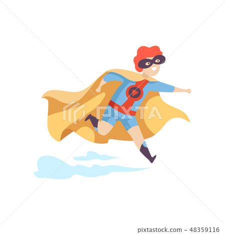 Cute Boy Wearing Superhero Costume Running, Super Child Character in Mask and Golden Cape Vector 48359116