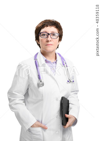 Woman doctor with stethoscope and folder. Isolated on white background. Woman doctor with stethoscope and folder. Isolated on white background. 48359118