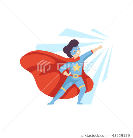 Cute Heroic Boy Wearing Superhero Costume, Super Child Character in Mask and Red Cape Vector 48359129