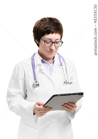 Woman doctor with stethoscope and folder. Isolated on white background. Woman doctor with stethoscope and folder. Isolated on white background. 48359130