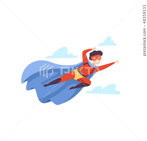 Boy Wearing Red Superhero Costume Flying in Sky, Cute Super Child Character in Mask and Blue Cape 48359131