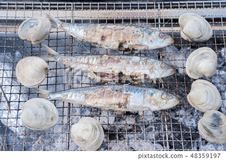 沙丁魚和扇貝的木炭烤架 沙丁魚和扇貝的木炭烤架 48359197