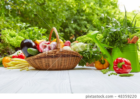 Fresh organic vegetables and fruits on wood table Fresh organic vegetables and fruits on wood table 48359220