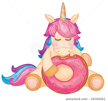 Vector cute unicorn cartoon eating donut. Vector cute unicorn cartoon eating donut. 48360061