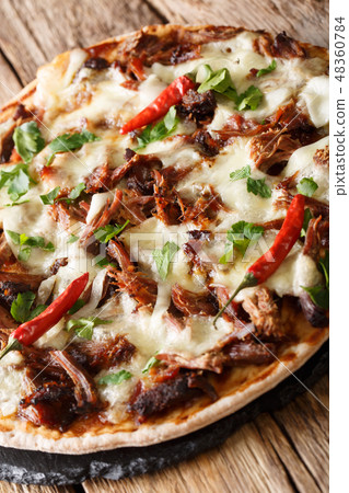 Delicious pizza with pulled pork, mozzarella 48360784
