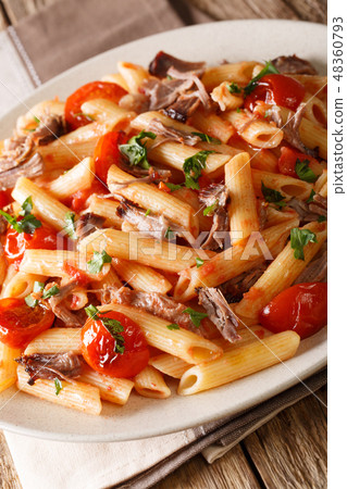 Penne pasta with pulled pork, cheese, tomato sauce Penne pasta with pulled pork, cheese, tomato sauce 48360793